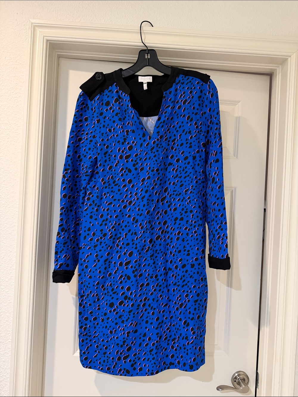 Escada Royal Blue and Black Long-Sleeve Shift Dress